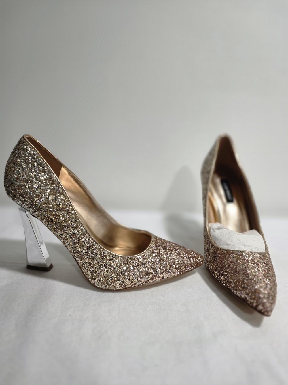 Nine West Rose Gold Glitter Pointed Toe Pumps with Metallic Architectural Heel